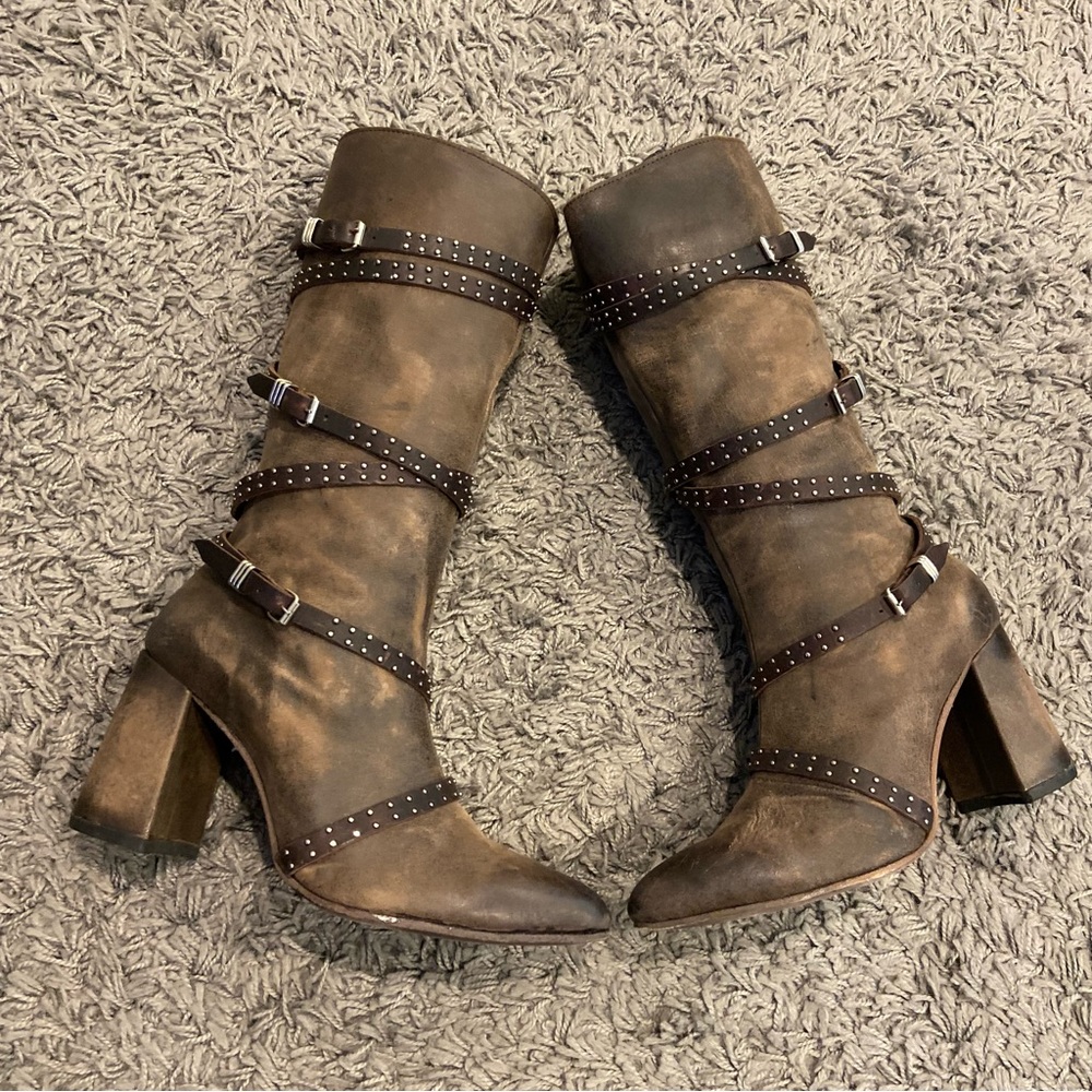 Freebird JAX Strappy Tall Distressed Leather Riding Boots Size 10 - Picture 6 of 16